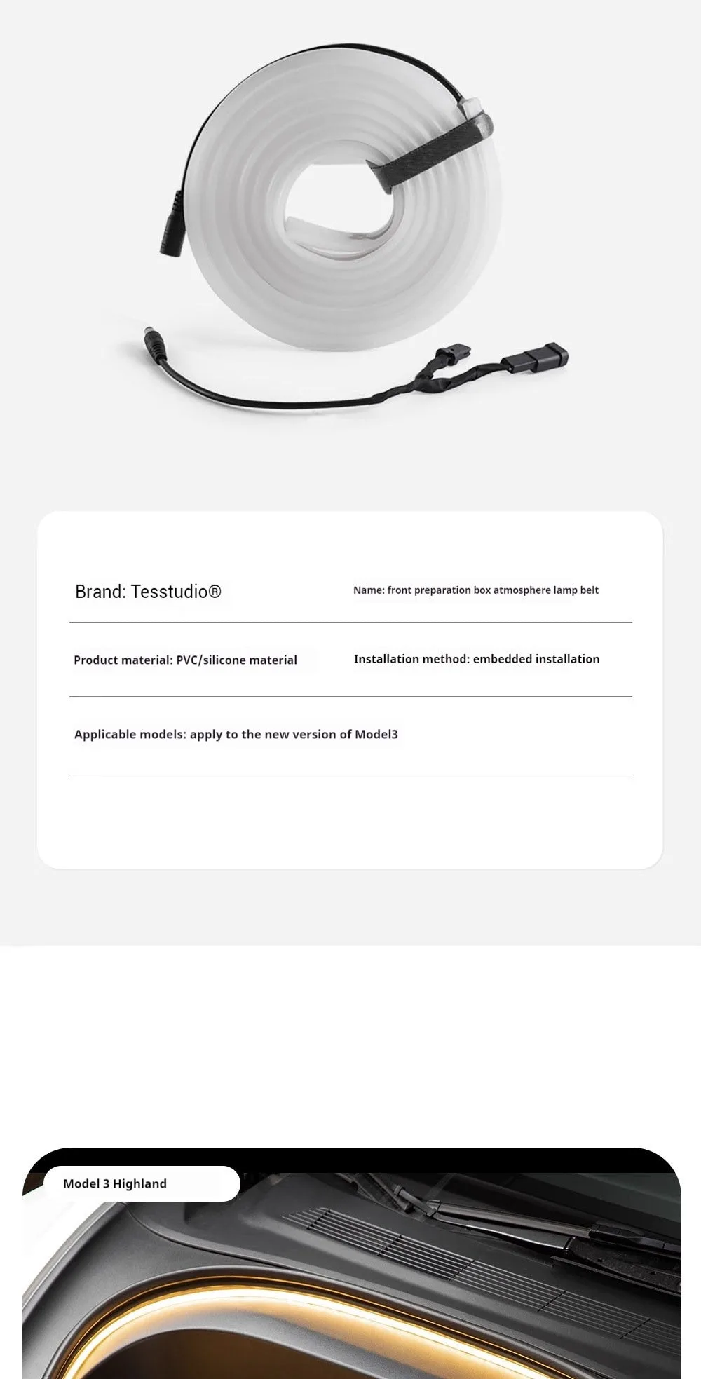 Tesla Model 3 Highland Frunk LED Strip Lights Tesla Accessories Model 3 Highland Front Trunk Ambient Lights Aapexgear®